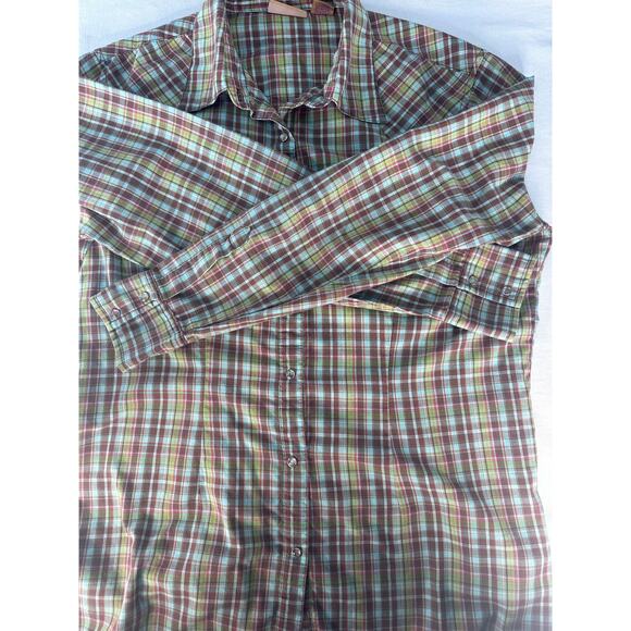 Wrangler Women's sz L Snap Plaid Cotton Shirt LS Blue Brown Green 70s Inspired - Picture 9 of 10